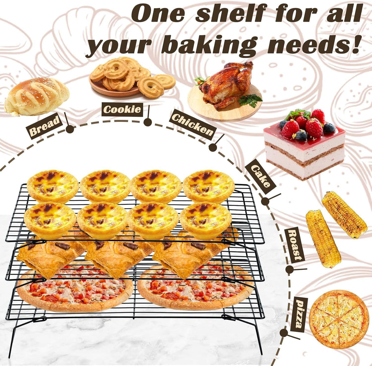 Pleafind Stackable Cooling Rack Set - 3 Pieces 16 x 10 Inch Stainless Steel Roasting Rack, Heavy Duty Cooling Racks for Cooking and Baking, Oven and Dishwasher Safe Bacon Rack, Black