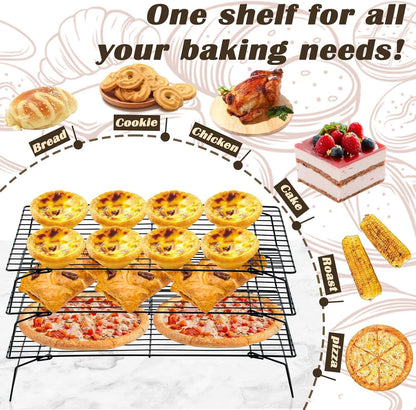 Pleafind Stackable Cooling Rack Set - 3 Pieces 16 x 10 Inch Stainless Steel Roasting Rack, Heavy Duty Cooling Racks for Cooking and Baking, Oven and Dishwasher Safe Bacon Rack, Black