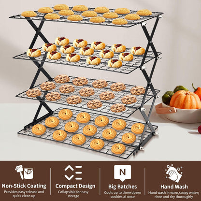 2/3/4-Tier Collapsible Cooling Rack for Baking,Folding Cooling Grid,Adjustable Stackable Roasting Cooking Drying Wire Cooling Rack for Cookies Baking