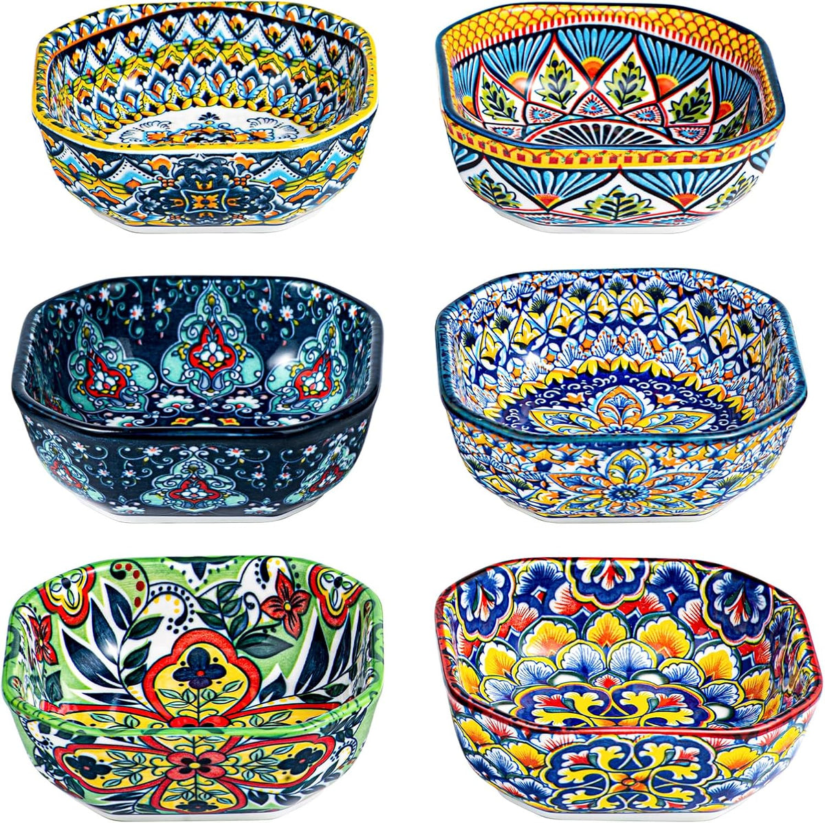 HENXFEN LEAD Boho Ceramic Dipping & Snack Bowls Set of 6, 8 oz Square Bowls