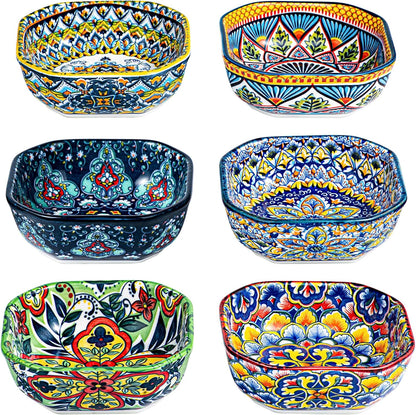 HENXFEN LEAD Boho Ceramic Dipping & Snack Bowls Set of 6, 8 oz Square Bowls