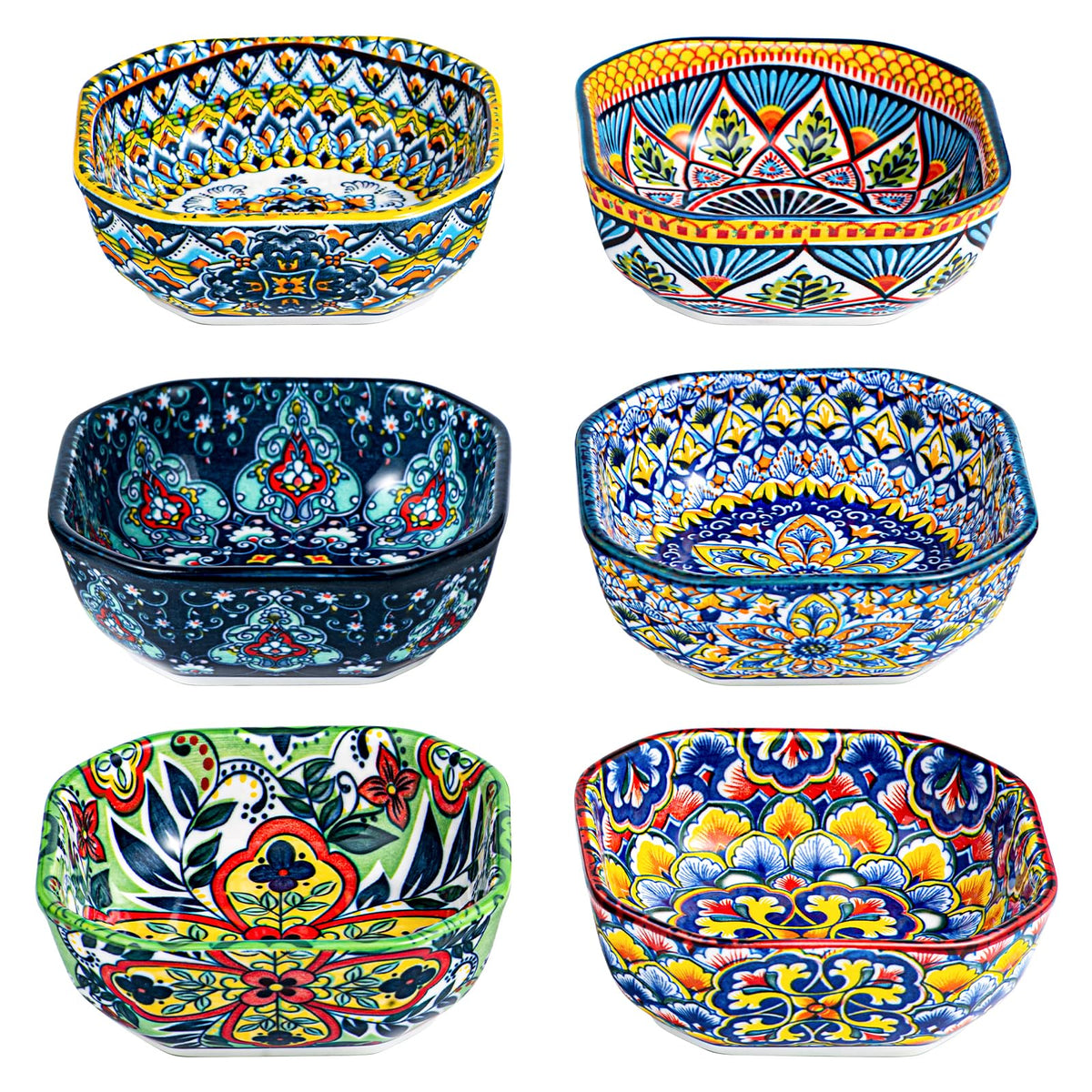 HENXFEN LEAD Boho Ceramic Dipping & Snack Bowls Set of 6, 8 oz Square Bowls