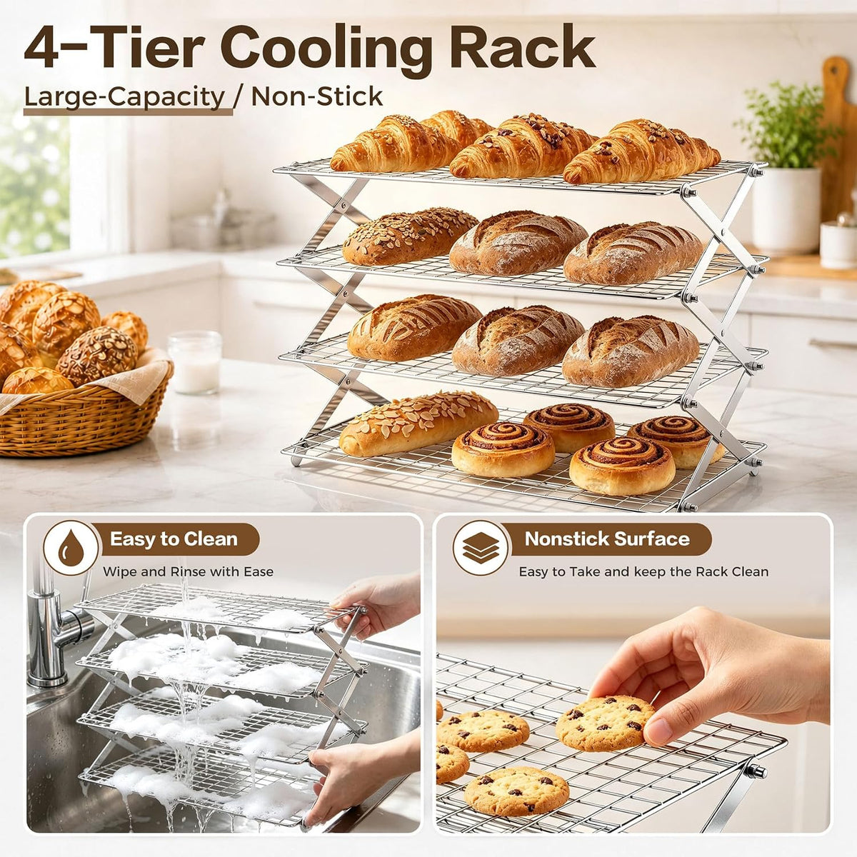 P&P CHEF 4 Tier Collapsible Cooling Racks,Stackable Bakers Rack,Silver