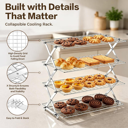P&P CHEF 4 Tier Collapsible Cooling Racks,Stackable Bakers Rack,Silver