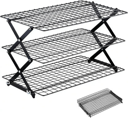 4-Tier Collapsible Cooling Rack with 3-Setting Design, Heavy-Duty Steel Baking Rack for Oven Safe Cooking & Space-Saving Storage