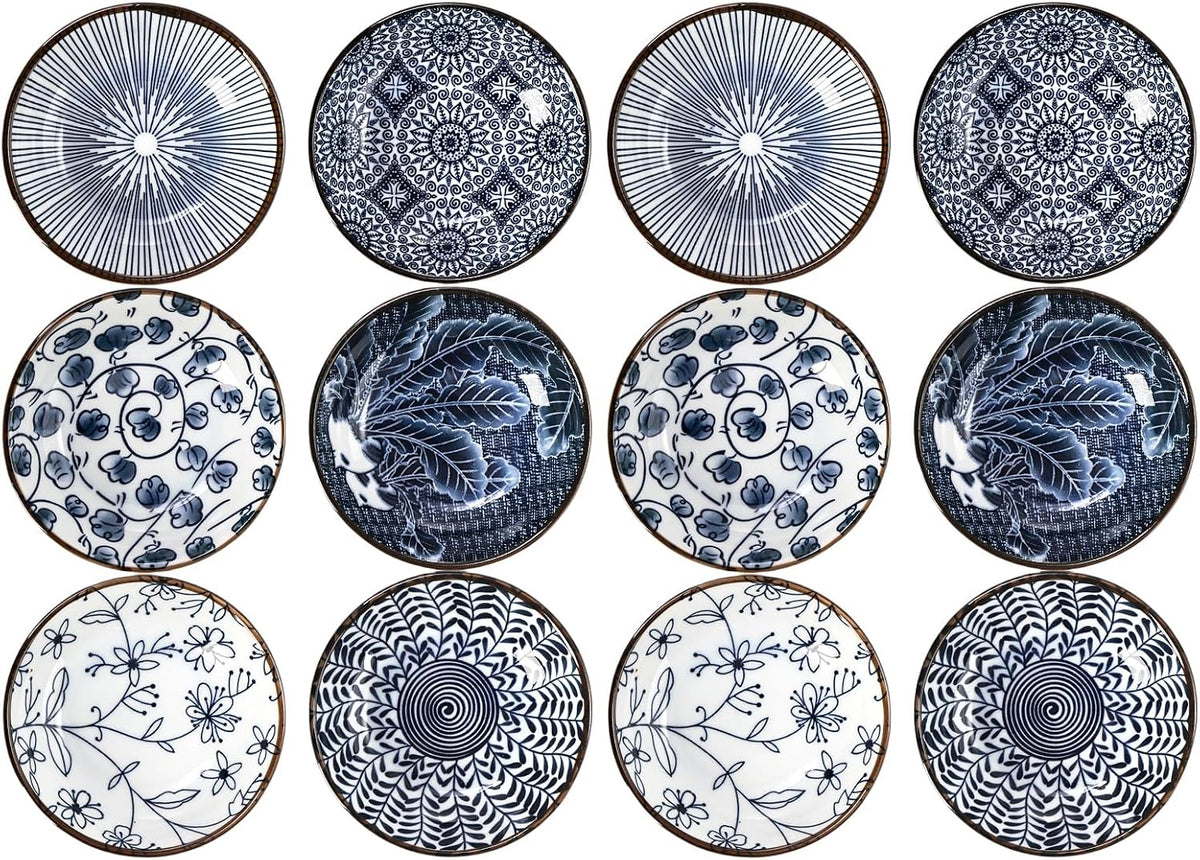 ZENFUN 12 Pcs Soy Sauce Dishes, Tiny Bowls, 3 oz Dipping Bowls for Condiment Sushi, Elegant Mini Bowl for Side Dish, Ketchup, Appetizer Plates, Ceramic, Blue and White