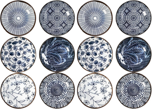 ZENFUN 12 Pcs Soy Sauce Dishes, Tiny Bowls, 3 oz Dipping Bowls for Condiment Sushi, Elegant Mini Bowl for Side Dish, Ketchup, Appetizer Plates, Ceramic, Blue and White