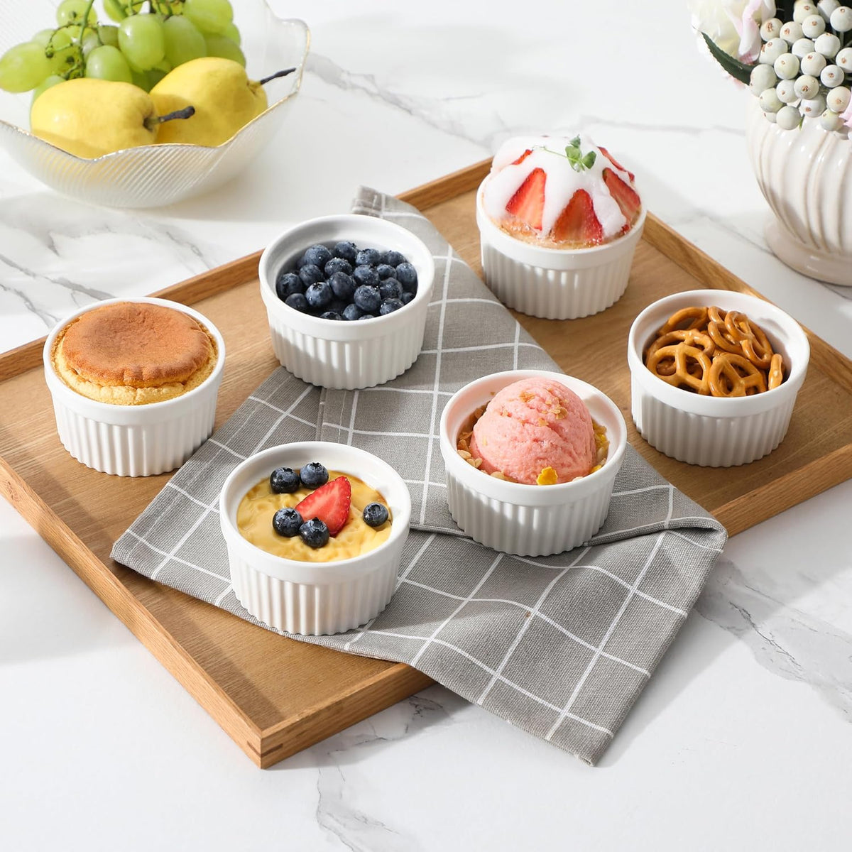 MALACASA Ramekins 4 oz Oven Safe, Porcelain, Set of 6, White