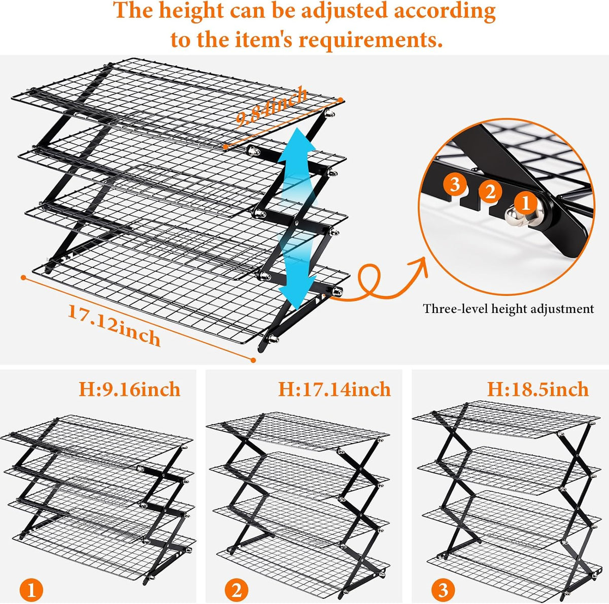 4 Tier Collapsible Wire Cooling Rack, Adjustable Stackable Baking Rack