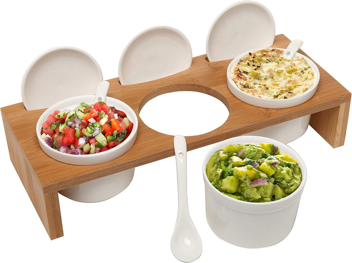 MyGift 10 Pcs Sauce Serving Dish, Hosting Party Essentials Host Gift, 3 Ceramic Ramekin Chip Dip Bowls with Lids & Spoons, Premium Bamboo Server Tray, Condiment Pot Entertaining