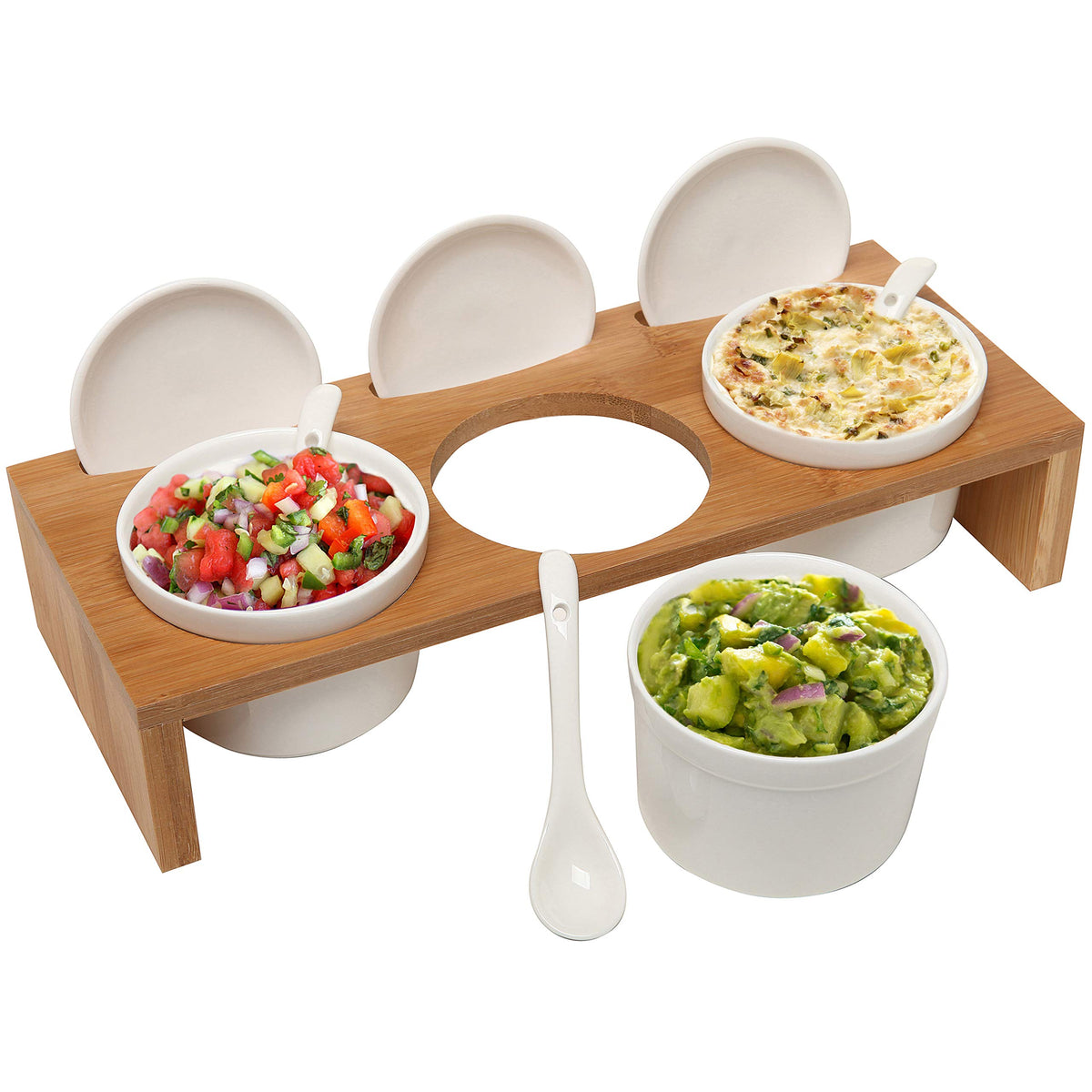 MyGift 10 Pcs Condiment Pot Serving Dish Set, Hosting Essentials, Premium Acacia Solid Wood Raised Display Server Tray and 3 Ceramic Ramekin Dip Bowls with Lids and Spoons