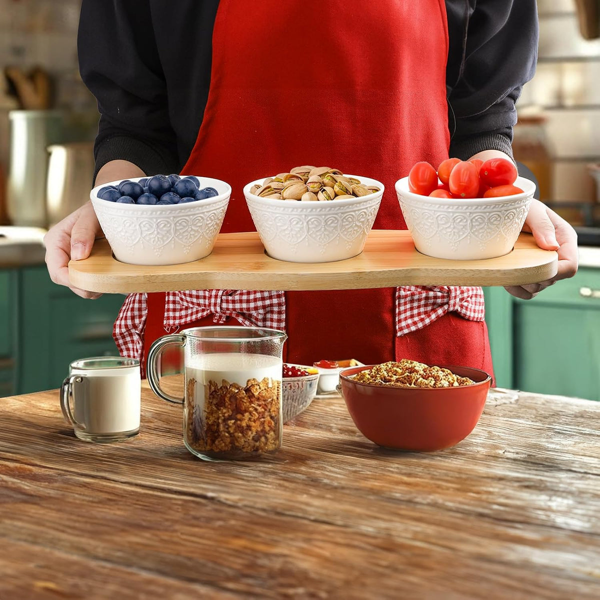 Covzoe Chips and Dip Serving Bowl Set with Bamboo Tray