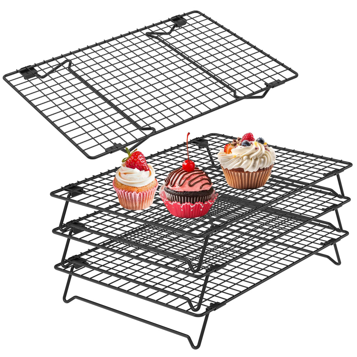 2 Pack Cooling Racks for Cooking and Baking, 13.4 x 9.4 Inch 2-Tier Stackable Cookie Cooling Rack Tall Baking Racks, Carbon Steel Roasting Wire Rack for Baking, Grilling Making Jerky (Black)
