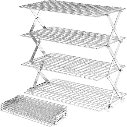 BEWOS 4 Tier Collapsible Cooling Rack - Adjustable Stainless Steel Baking Rack with Leak-Proof Mesh, X-Shaped Structure Cooling Rack for Cooking and Baking, Dishwasher Safe