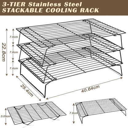 Pleafind Stackable Cooling Rack Set - 3 Pieces 16 x 10 Inch Stainless Steel Roasting Rack, Heavy Duty Cooling Racks for Cooking and Baking, Oven and Dishwasher Safe Bacon Rack, Black