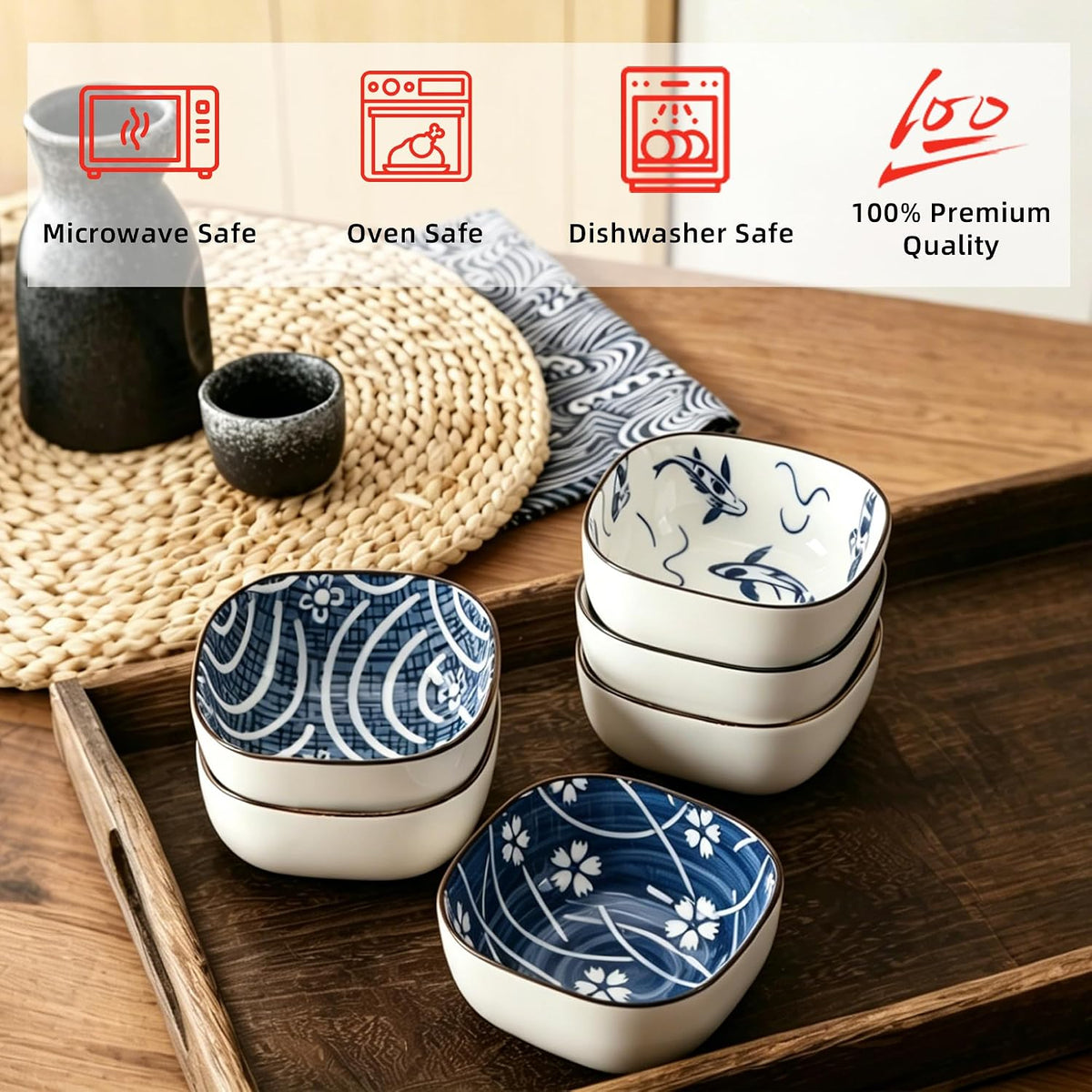 Small Ceramic Dipping Bowls, 5OZ, Blue Ocean, Set of 6