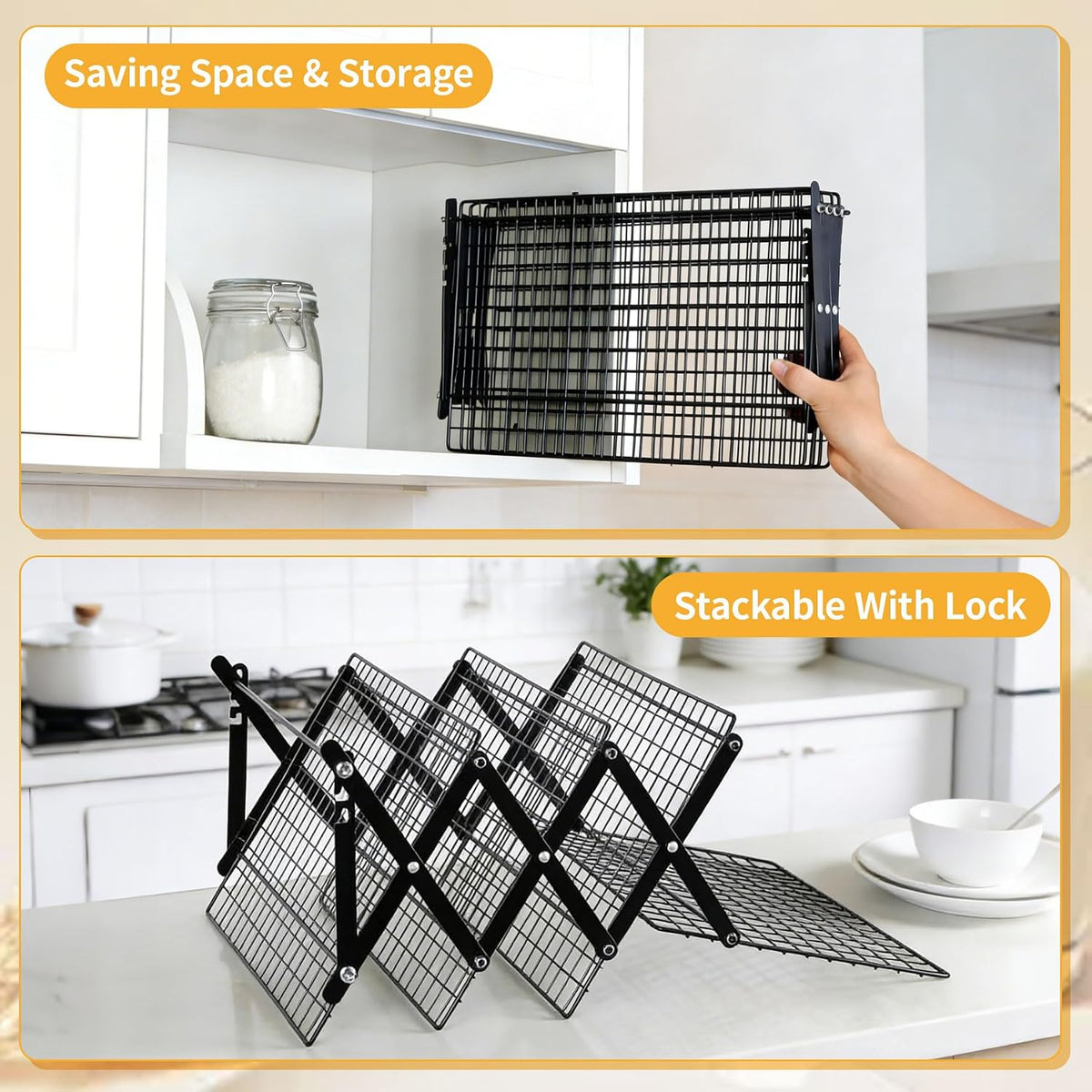 4-Tier Collapsible Cooling Rack with 3-Setting Design, Heavy-Duty Steel Baking Rack for Oven Safe Cooking & Space-Saving Storage