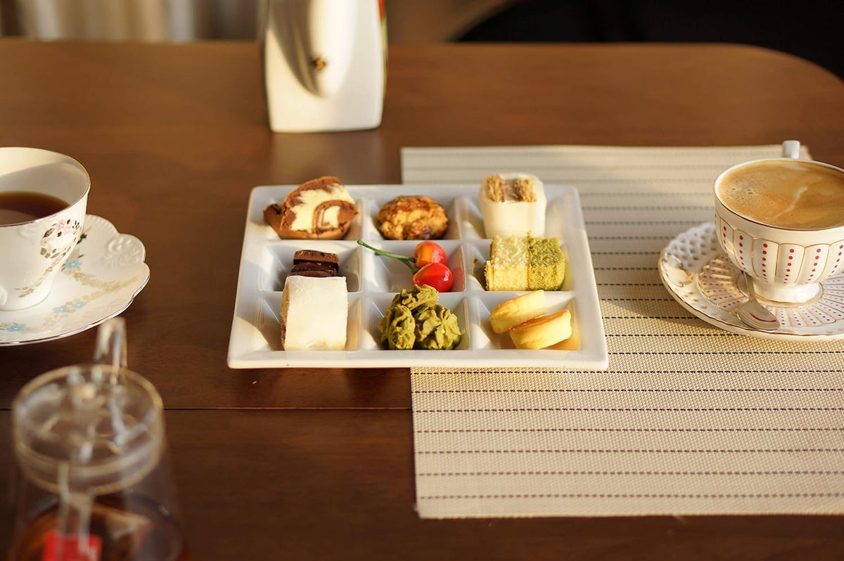 Cinf Ceramic Divided Plate, 9-Section Snack Tray with Sauce Compartments
