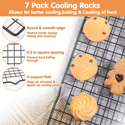 7PCS Carbon Steel Cooling Racks 16"x10", Heavy Duty Wire Baking Rack for Cooking, Roasting, Grilling and Drying, Oven Safe Nonstick Cookie Rack, Fits Half Sheet Pan, Dishwasher Safe