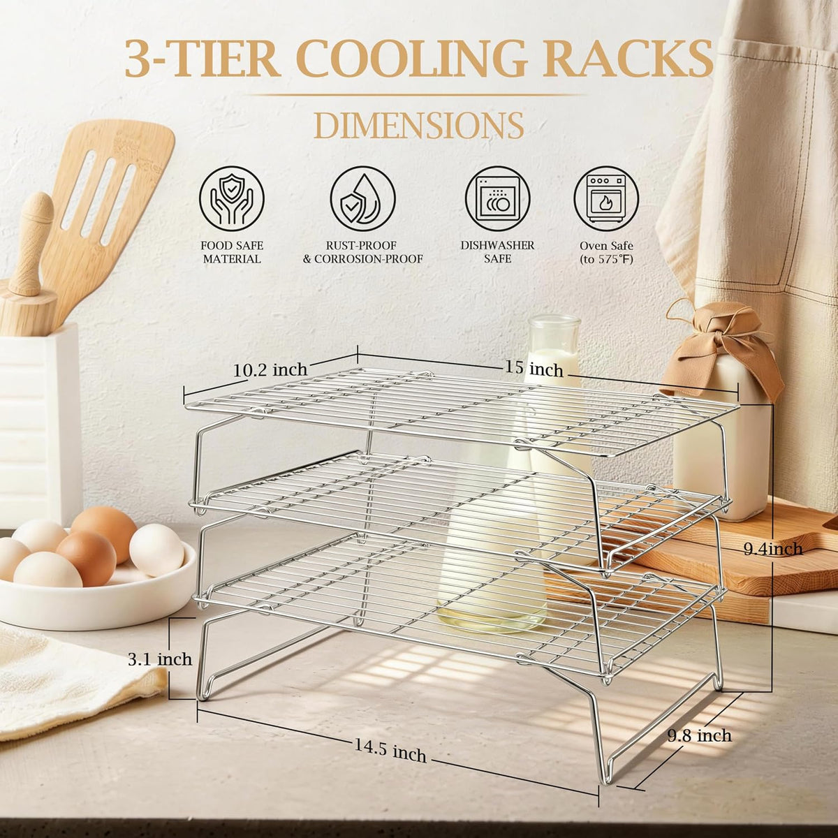 LIANYU Cooling Rack 15"x10", 3-Tier Stackable & Collapsible Cooling Racks