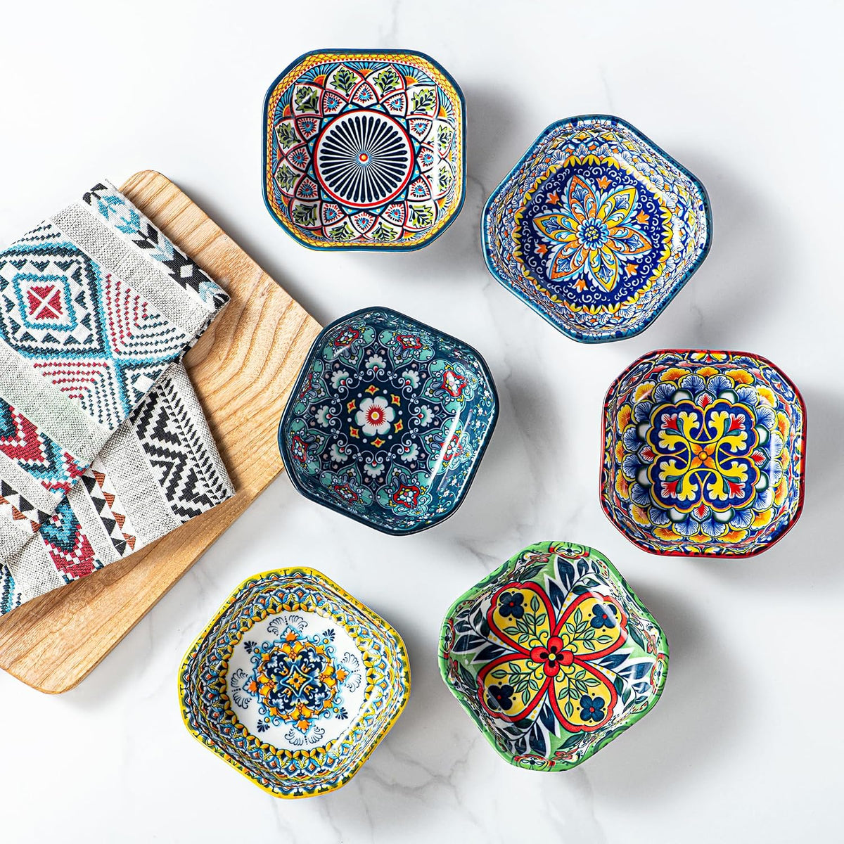 HENXFEN LEAD Boho Ceramic Dipping & Snack Bowls Set of 6, 8 oz Square Bowls