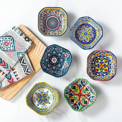 HENXFEN LEAD Boho Ceramic Dipping & Snack Bowls Set of 6, 8 oz Square Bowls