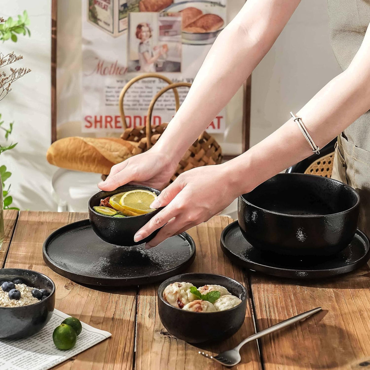 S&Q'S CERAMICS Ceramic Small Bowls for Kitchen, Set of 6, 9 ounces Ice Cream Bowls, Small Serving Bowls for Soup, Dipping, Condiments, Side Dishes, Snack, Prep (Black and Grey