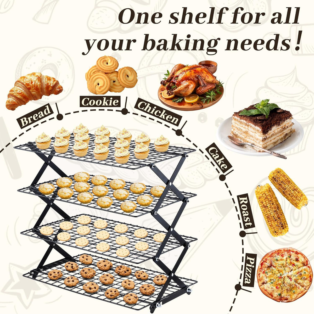 Pleafind 2/3/4-Tier Collapsible Cooling Rack - 3 Setting Design, Adjustable ＆ Stackable Baking Rack, 5 Modes Cooling Racks for Cooking and Baking, Roasting ＆ Grilling Gifts for Picnic Party