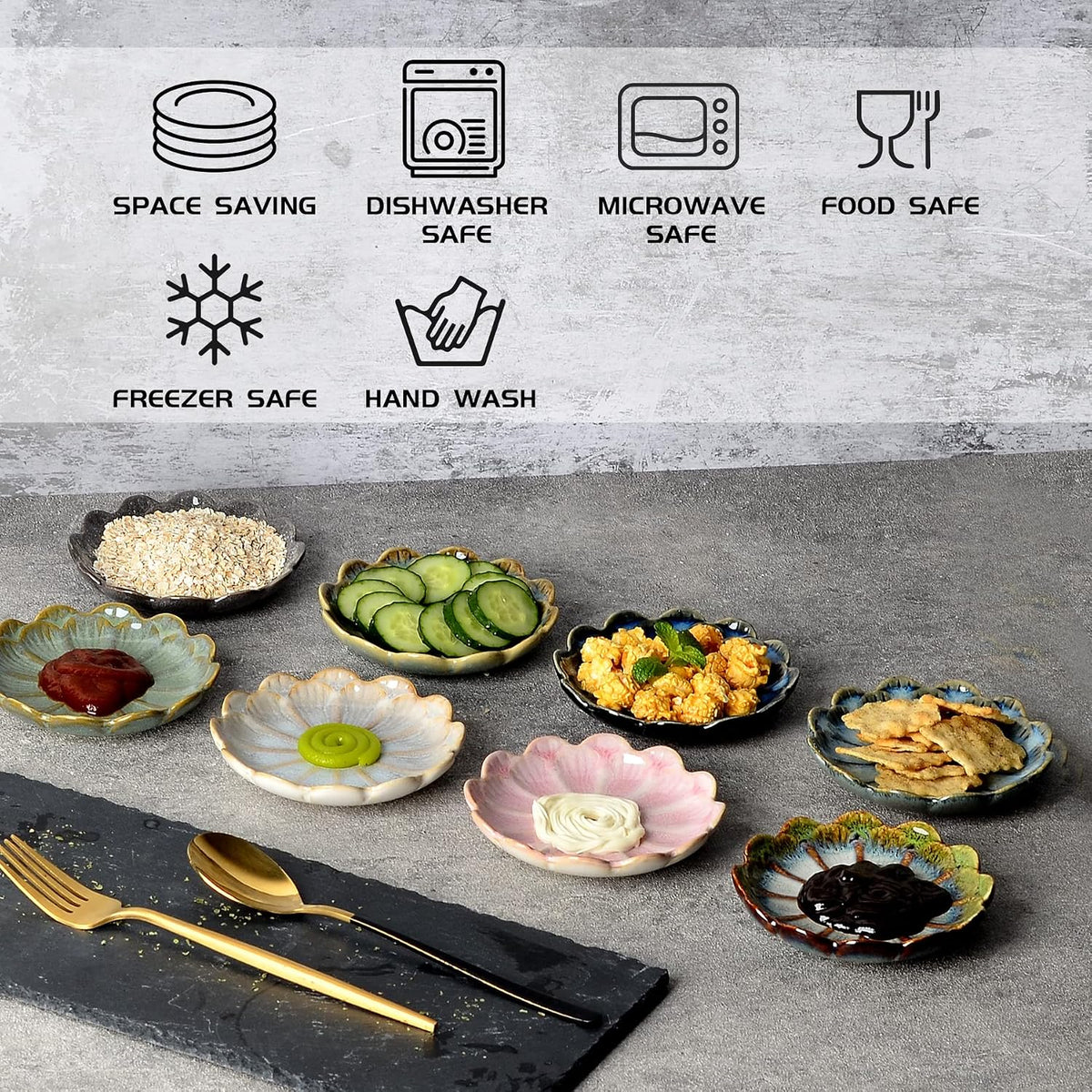 Ceramic Dipping Bowls Set of 8, 3 oz Sauce Cups, Chrysanthemum Round Small Side Dish for Sushi, Tomato, Soy Sauce, Condiment Finger Bowls