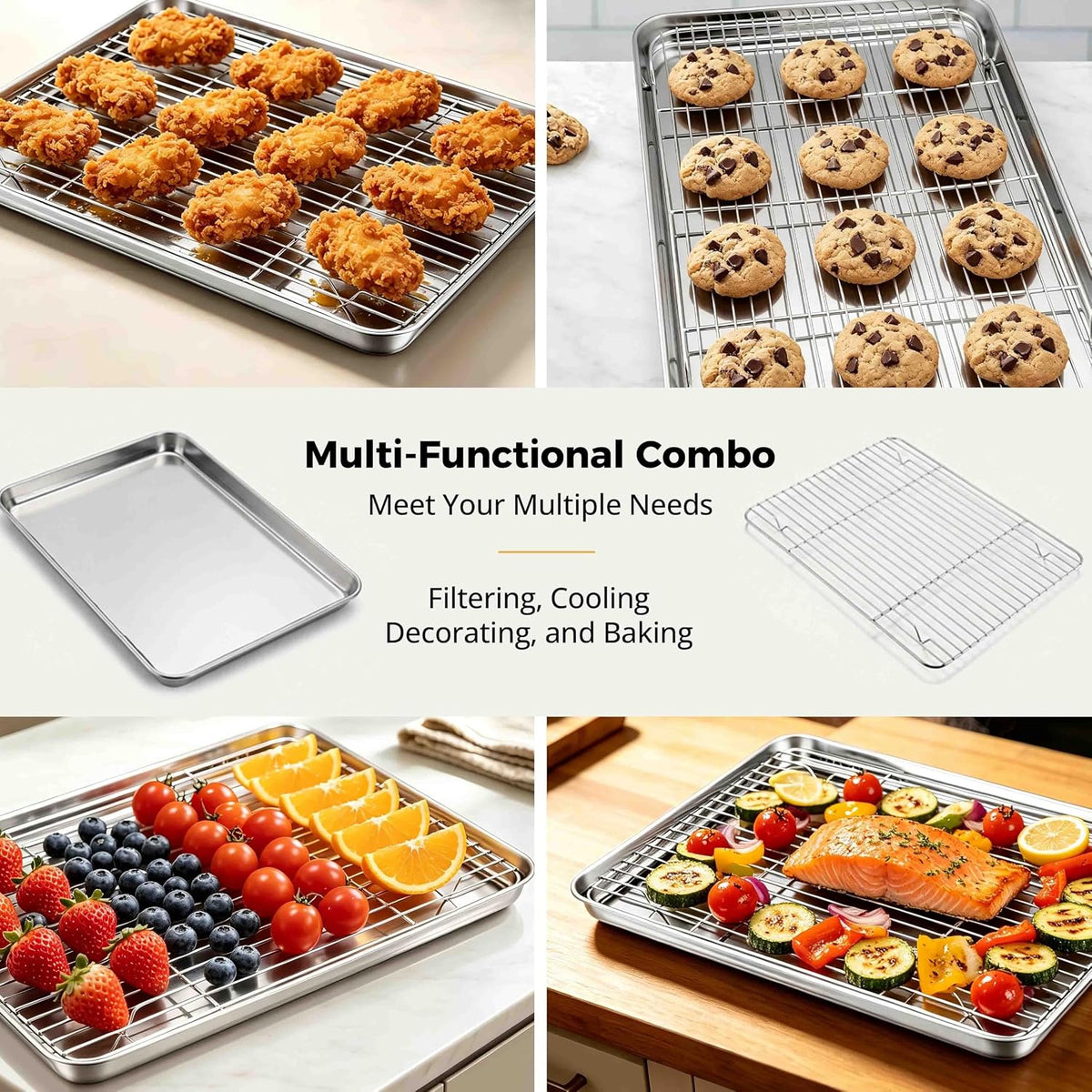 Onader 2 Pack 16x12 Inch Stainless Steel Baking Sheet and Wire Cooling Rack