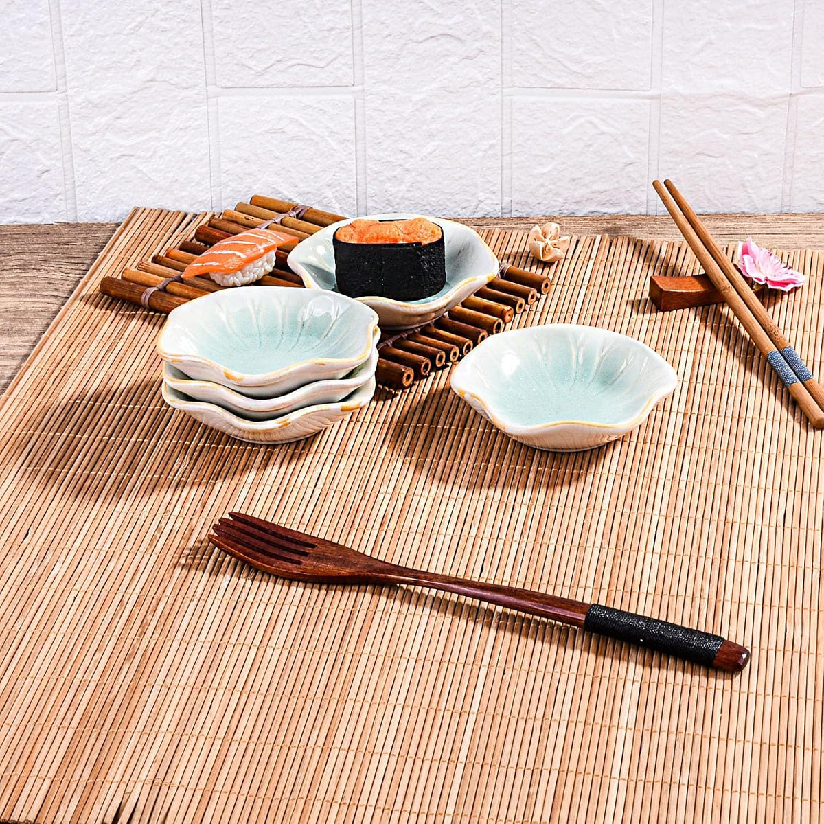 Ceramic Sauce Dish Set of 5, 3.97" Mint Green Flower‑Shaped Dipping Bowls