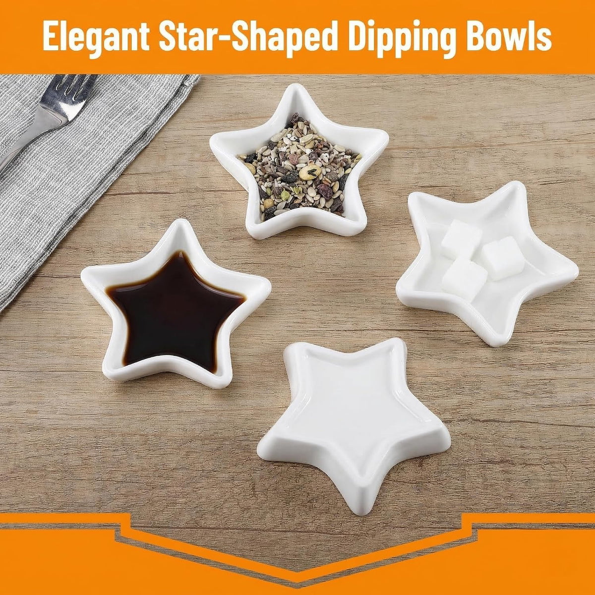 6 Pack Star Shaped Dipping Bowls, 3.7 Inch White Soy Sauce Dishes