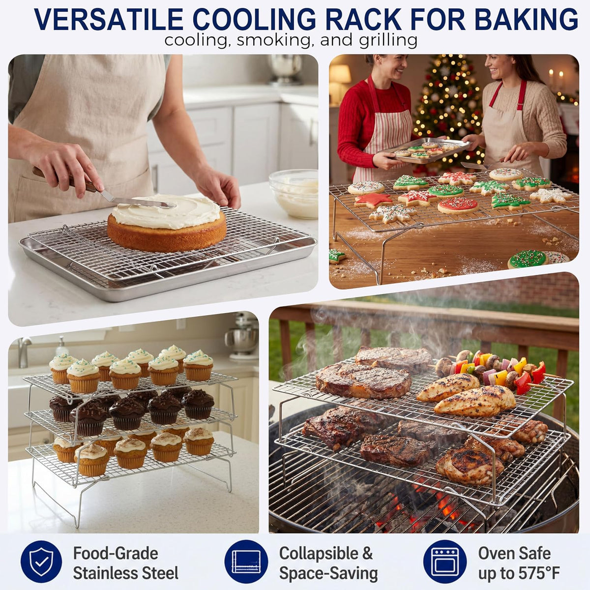 E-far Cooling Rack 15”x10”, 3-Tier Collapsible for Cooking and Baking