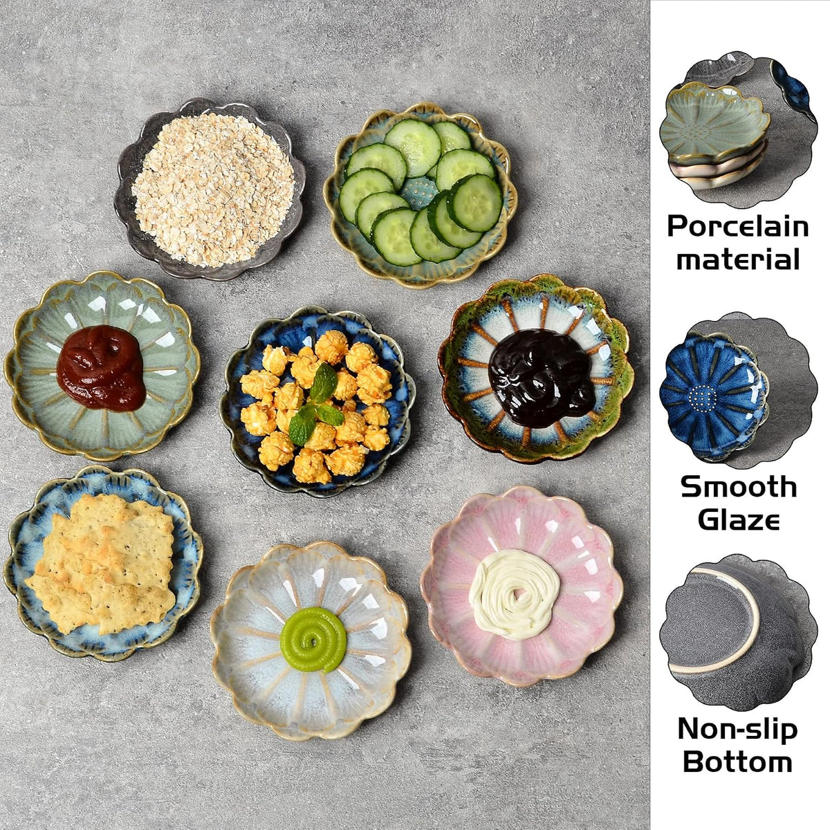 Ceramic Dipping Bowls Set of 8, 3 oz Sauce Cups, Chrysanthemum Round Small Side Dish for Sushi, Tomato, Soy Sauce, Condiment Finger Bowls